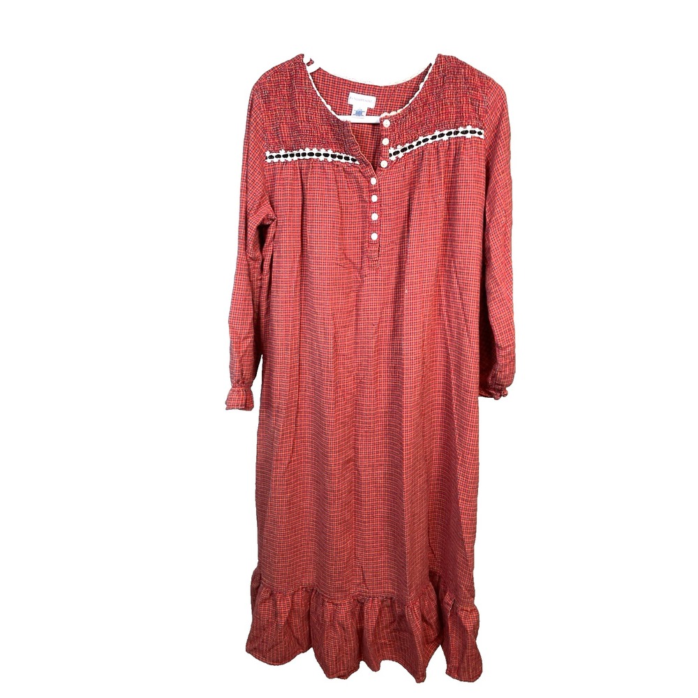 VTG Fundamentals Long nightgown Women's Medium 10-12 Red Flannel Plaid Prairie